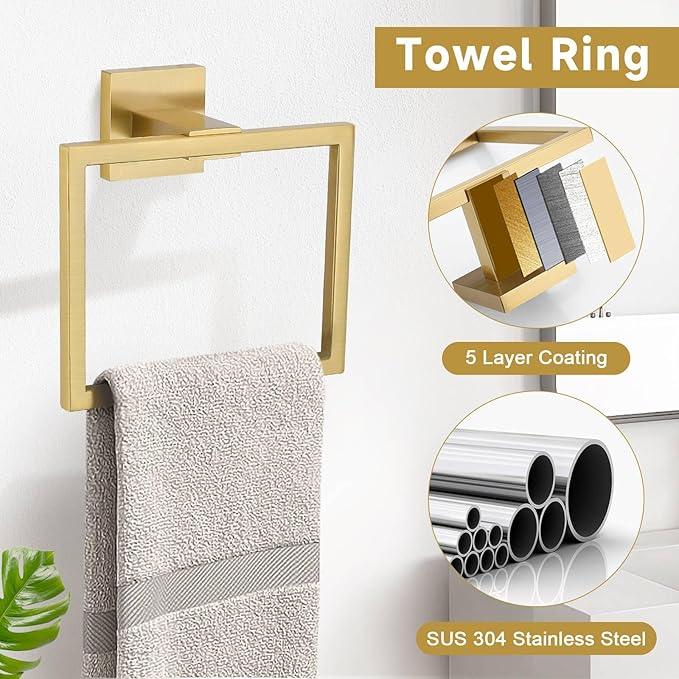 10-Piece Bathroom Hardware Accessories Set-Brushed Gold Towel Bar, Holder & Racks-SUS304 Stainless Steel-Wall Mounted,23.6-Inch - ModernBath