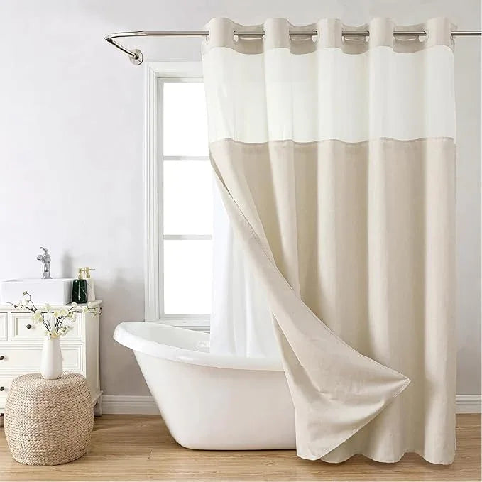 Eachope No Hooks Polyester Textured Shower Curtain with Snap-in Fabric Liner Set, Hotel Luxury Decor Shower Curtains for Bathroom with See Through Top Window, Waterproof & Washable, 71Wx74H, Cream - ModernBath