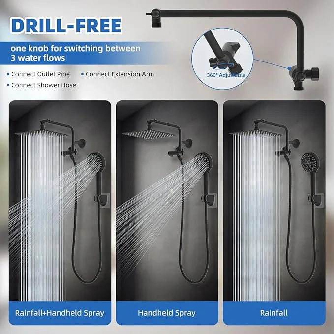 All Metal Black Shower Head, 10" High Pressure Rainfall/Handheld Shower Combo with 11" Extension Arm, 10-Spray Handheld Showerhead, 71" Long Hose, 3-Way Diverter Valve, Matte Black - ModernBath