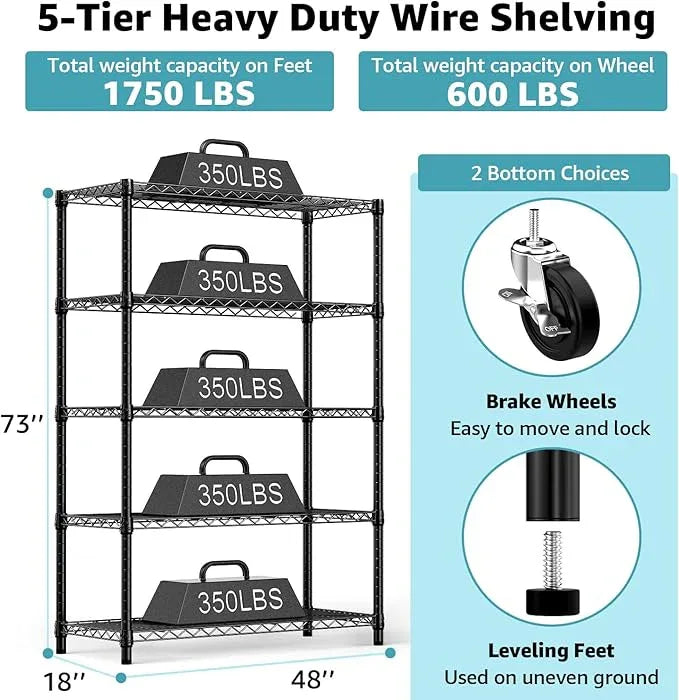 5-Shelf Storage Shelves,Wire Shelving Heavy Duty Metal Storage Shelving Unit Adjustable Garage Shelving Rack Pantry Kitchen (Black, 5 Tier,17.7" D x 47.2" W x 76.7" H) - ModernBath