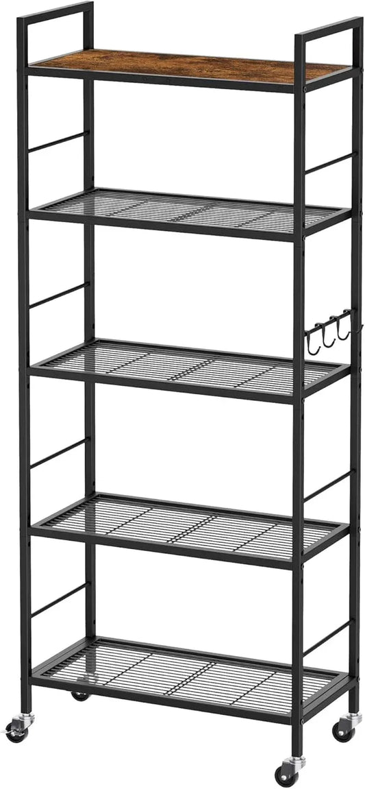 5-Tier Metal Storage Rack with Industrial Wheels,Mesh Shelving Unit with Wooden Table top,Adjustable Shelf,23.6-Inch Width,for Kitchen, Laundry,Pantry,Plant,Black - ModernBath