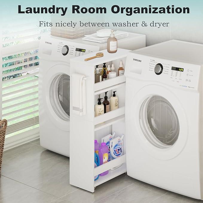 MARTY Rolling Storage Cart 7.9" W, 4-Tier Kitchen Cart with Wheels Handle, Slim Storage Cart Mobile Shelving Utility Carts for Bathroom Laundry Room Organization Narrow Places (All White) - ModernBath