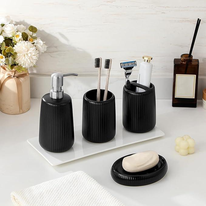 vancasso Ceramic Bathroom Accessories Set 4 Piece, Soap Dispenser with Stainless Steel Pump, Toothbrush Holder, Tumbler and Soap Dish, Modern Relief Design, Bathroom Decor Organizer, Black - ModernBath