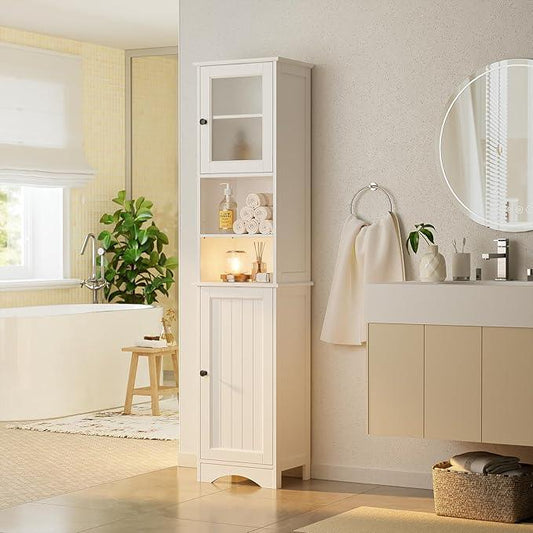 Gizoon 67.1" Tall Bathroom Storage Cabinet with Adjustable Shelves, Narrow Tall Linen Tower with Open Shelves, Two-Way Doors Freestanding Cabinet with Anti-Tip, for Home, Kitchen, Living Room, White - ModernBath