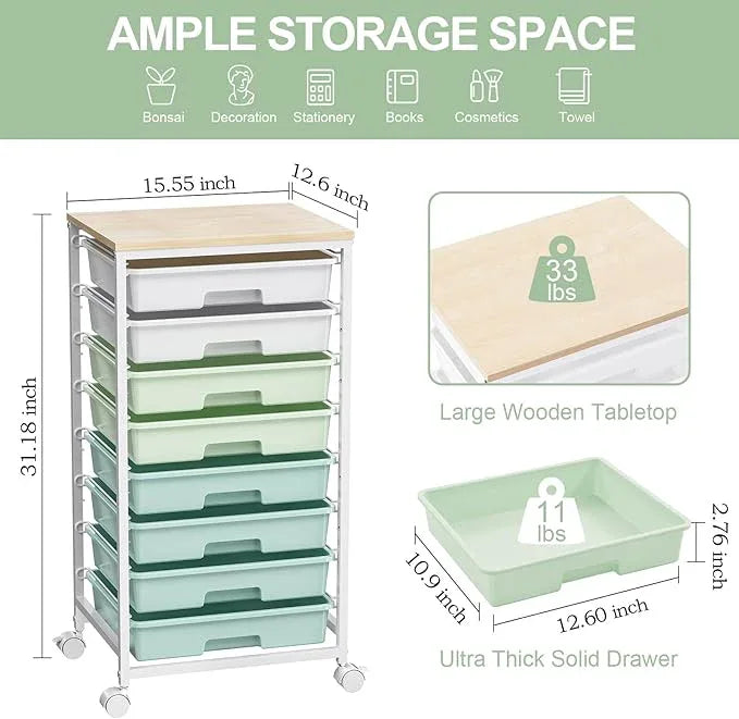 Rolling Storage Utility Cart Organizers with 8 Drawers and Wooden Tabletop for Living Room,Office,Classroom,Craft Room,Bedroom,Dorm,Green - ModernBath