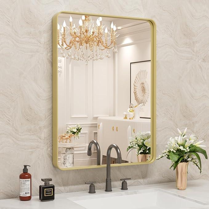 WEER Gold Bathroom Mirror, 22X30 Inch Brushed Gold Metal Frame Mirror, Rounded Rectangle Gold Bathroom Vanity Mirror for Wall, Tempered Glass, Anti-Rust, Hangs Horizontally or Vertically - ModernBath