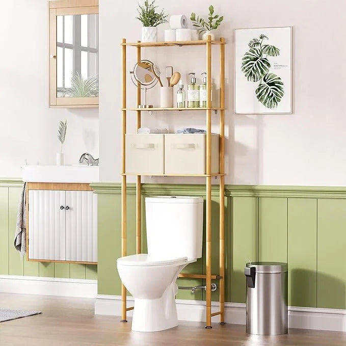 AmazerBath Over The Toilet Storage Bamboo, 3-Tier Over Toilet Organizer Rack with 2 Fabric Storage Bins, Freestanding Toilet Shelf for Bathroom Laundry Space Saver, Natural Color - ModernBath