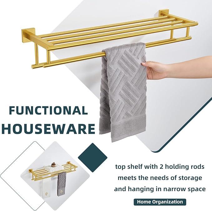 Angle Simple Towel Rack for Bathroom, SUS 304 Stainless Steel Hand Towel Holder with Shelf, Brushed Gold, 27.56 Inches - ModernBath