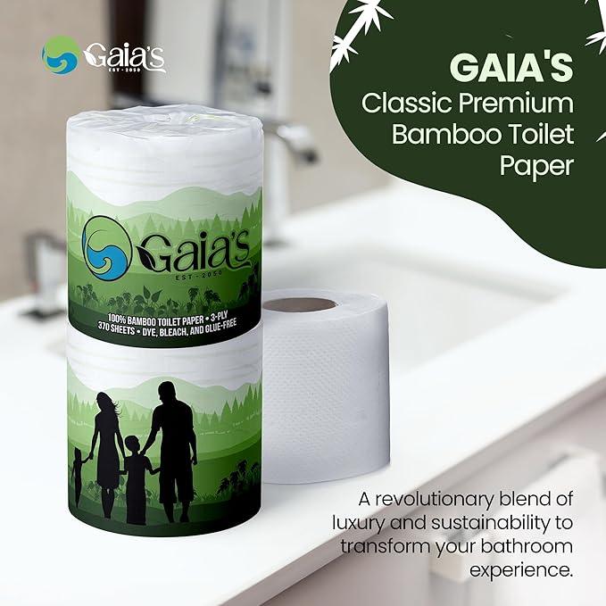 Gaias Premium and Soft Organic Bamboo Toilet Paper | 12 Mega Rolls, 3 Ply, 370 Sheets | FSC Certified, PFAS & BPA Free, Eco-Friendly, Sustainable Tissue - Plastic Free, Septic Safe, Vegan - ModernBath