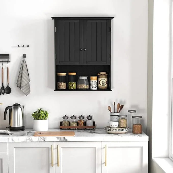 COSTWAY Wall Mounted Bathroom Cabinet, Over The Toilet Storage Cabinet w/Double Doors & Adjustable Shelf, Wood Hanging Medicine Cabinet for Living Room, Entryway, Kitchen (Black) - ModernBath
