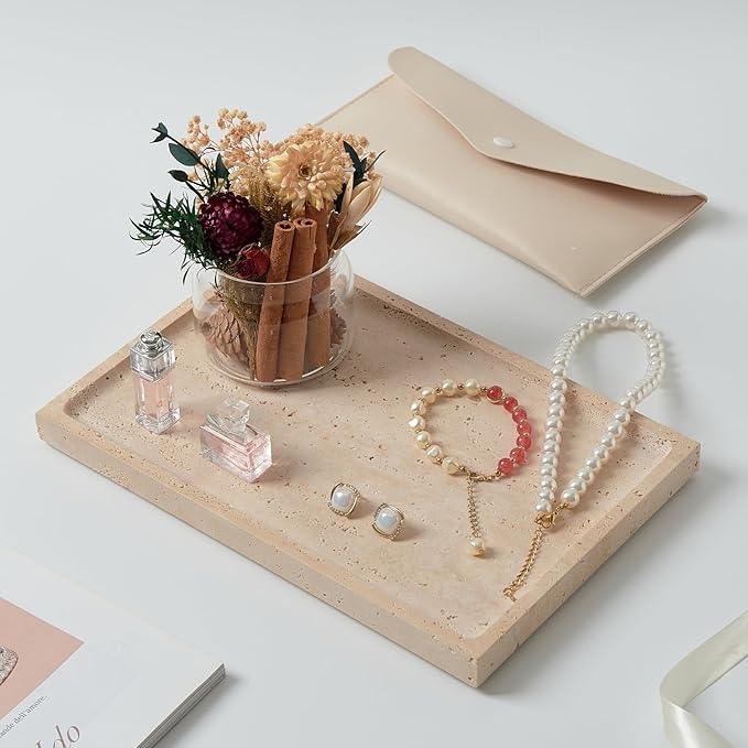 Real Luxurious Natural Travertine Tray - 12x8 Inch Marble Vanity Tray for Perfume Display, Jewelry Organizer, Bathroom & Home Decor -Heavy Duty Non-Slip Stone Tray (Non-Resin/Non-Ceramic) - ModernBath