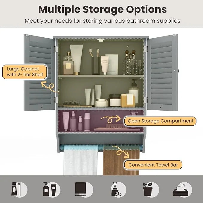 Tangkula Wall Mounted Bathroom Cabinet with Open Shelf & Bar, Medicine Cabinet with Double Louvered Doors, Wall Storage Cabinet with Adjustable Shelf, for Bathroom Living Room Kitchen (Grey) - ModernBath