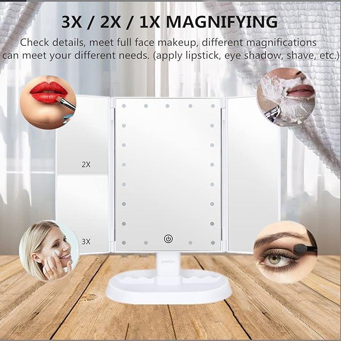 deweisn Trifold Lighted Vanity Makeup Mirror with 21 LEDs Lights,1x/2x/3x Magnification and Touch Screen Dimming,Two Power Supplies Makeup Mirror, Gift for Women - ModernBath