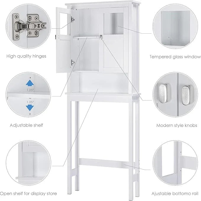 Spirich Bathroom Cabinet Over Toilet, Bathroom Storage Cabinet with Glass Doors and Adjustable Shelves, Over The Toilet Storage Cabinet, White - ModernBath