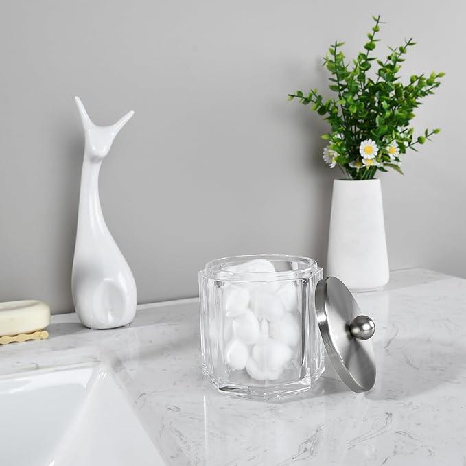 Indecor Home Clear Transparent Apothecary Octagional Shaped Glass Canister Jar With Satin Nickel Metal Lid Cover for Bathroom Organization, Cotton Balls, Q Tips, and Small Accessories, Bath Storage - ModernBath