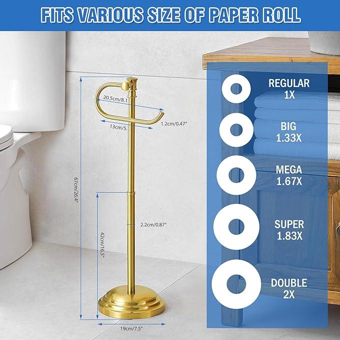 RUMOSE Toilet Paper Holder Stand for Floor, Brushed Gold Adjustable (12.4" to 22.8") Bathroom Toilet Tissue Holder, Free Standing Toilet Paper Roll Holder with Storage, Stainless Steel - ModernBath