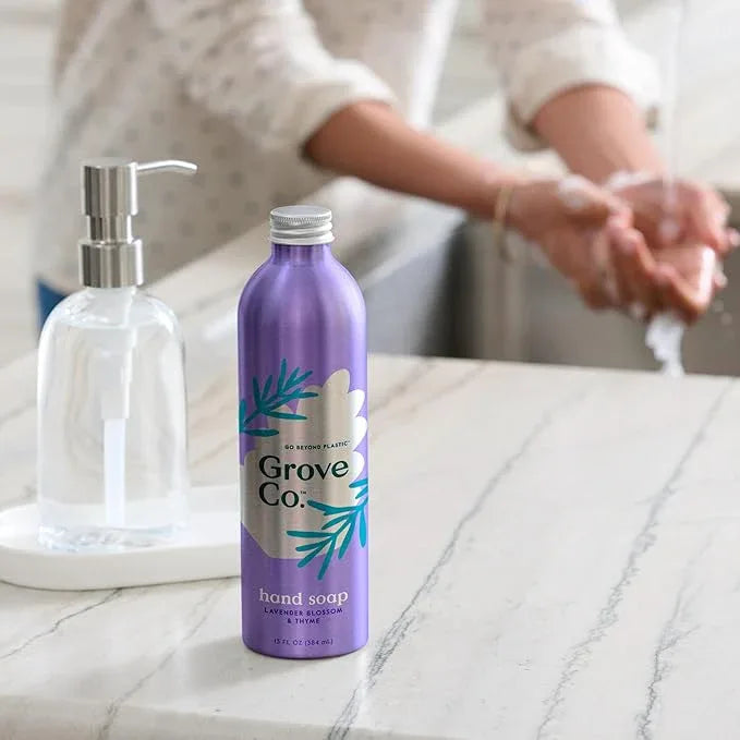 Grove Co. Hydrating Gel Hand Soap Refills (2 x 13 Fl Oz) + 1 x Reusable Glass Soap Dispenser, Plastic-Free & Liquid Refillable Starter Kit, Natural Lavender Blossom & Thyme Fragrance - ModernBath