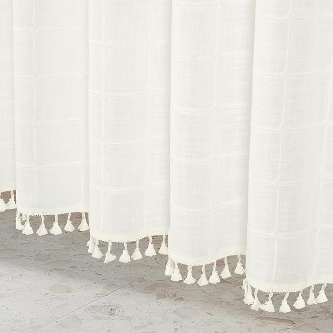 MitoVilla No Hooks Needed Boho Farmhouse Shower Curtain with Snap-in Liner, Cotton Linen Fabric Shower Curtains with Tassels for Rustic Neutral Bathroom Decor, Ivory, 72 x 74 - ModernBath