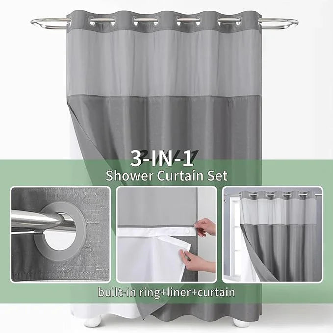 eachope Grey No Hook Shower Curtain with Snap-in Fabric Liner Set,Slub Textured Fabric Shower Curtains for Bathroom,Hotel Style Modern Shower Curtain,Water Repellent & Washable,71x77(75) - ModernBath