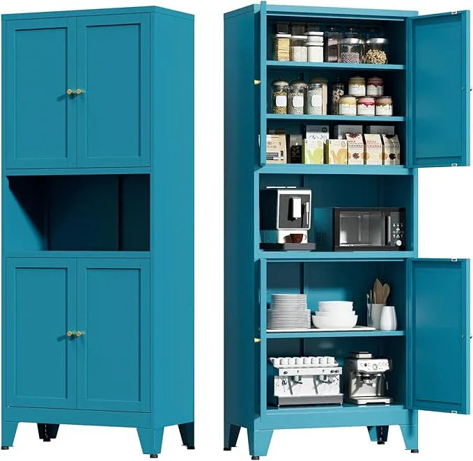 Metal Kitchen Pantry Cabinet, 69" Tall Storage Cabinet with 4 Doors and 3 Adjustable Shelves, Freestanding Cupboards for Dining Room, Living Room, Bathroom (Blue, 69" H) - ModernBath