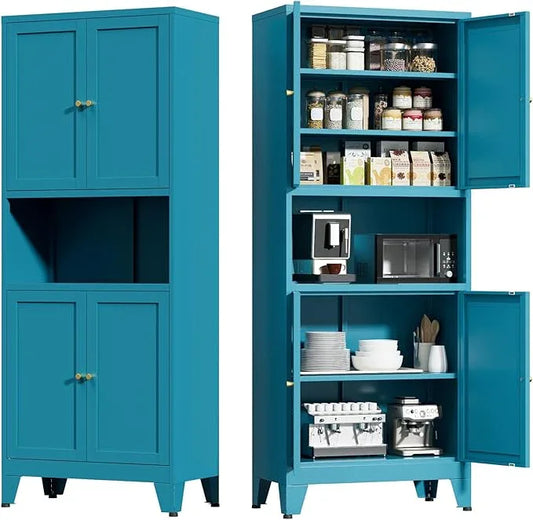 Metal Kitchen Pantry Cabinet, 69" Tall Storage Cabinet with 4 Doors and 3 Adjustable Shelves, Freestanding Cupboards for Dining Room, Living Room, Bathroom (Blue, 69" H) - ModernBath
