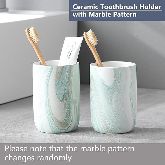 Green Marble Toothbrush Holder - Ceramic Toothbrush Holder for Bathroom, Toothbrush Toothpaste Holder, Marble Bathroom Tumbler Cups Reusable Toothbrush Mouthwash Cup, Bathroom Counter Organizer - ModernBath