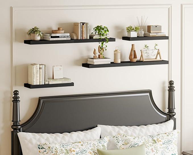 Fixwal 15.8in Black Floating Shelves, Set of 6 Wood Shelves, Farmhouse Shelf Wall Decor for Bathroom, Bedroom, Living and Kitchen Room - ModernBath