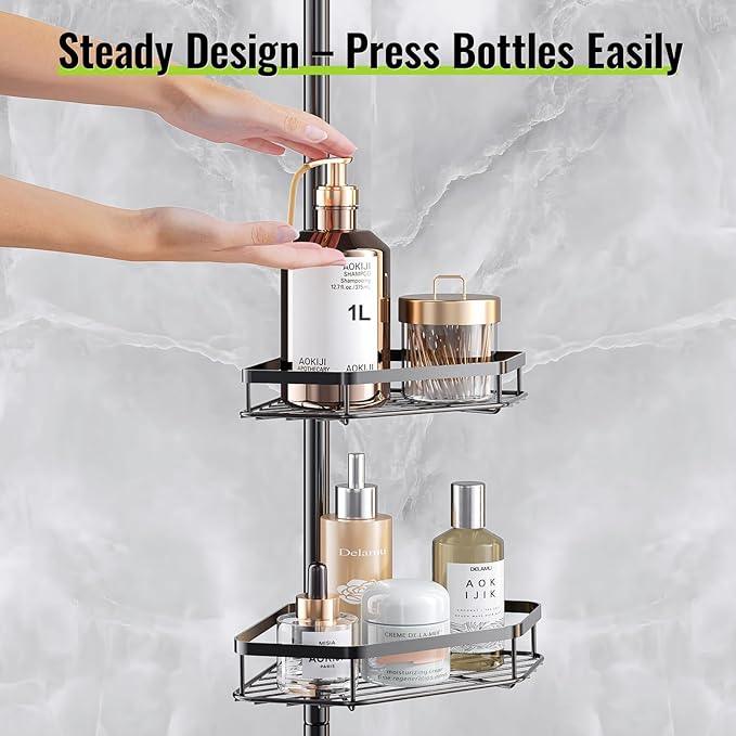 LAMU Shower Caddy Tension Pole with Adjustable Height, 4 Tier Baskets & Hooks, Corner Shower Caddy Tension Pole for Bathroom or Bathtub Corner Storage, Black - ModernBath