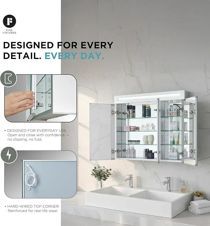 Fine Fixtures 36" x 30" Bathroom Medicine Cabinet, Aluminum Bathroom Vanity, Recessed Medicine Cabinet/Surface Mount, 3 Door, Mirrored Interior w/LED - ModernBath