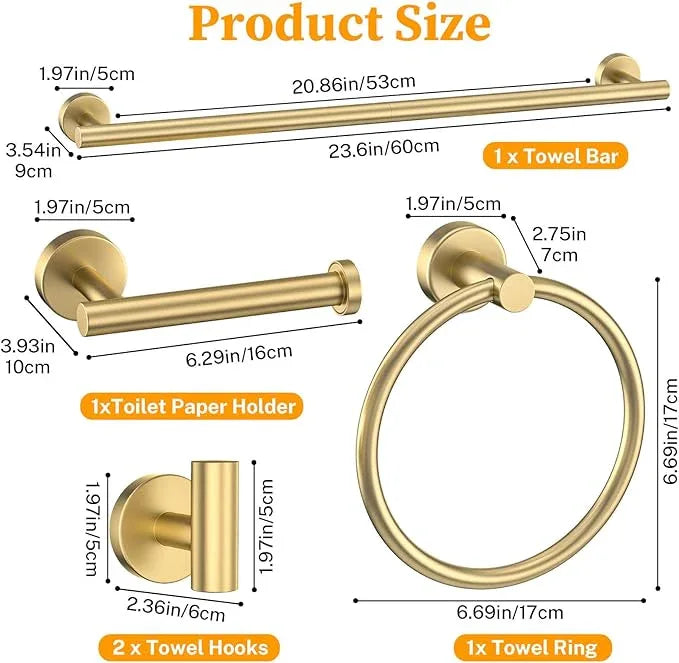 Brushed Gold Towel Bar Set 10 Pieces Round Bathroom Hardware Set Includes 23.6in Towel Bar Towel Ring Toilet Paper Holder Towel Hooks Stainless Steel Wall-Mounted Bathroom Towel Holder Set - ModernBath