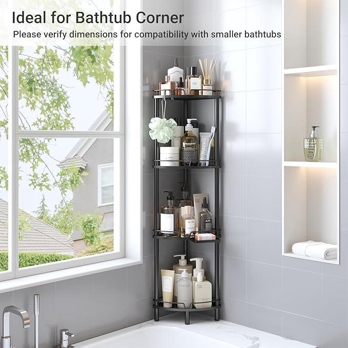 ELYKEN Corner Shower Caddy Standing, 4 Tier Rustproof Metal Shower Organizer with Soap Holder, Floor Shower Corner Shelf Rack Storage Stands with Adjustable Feet & 2 Hooks for Bathroom, Black - ModernBath
