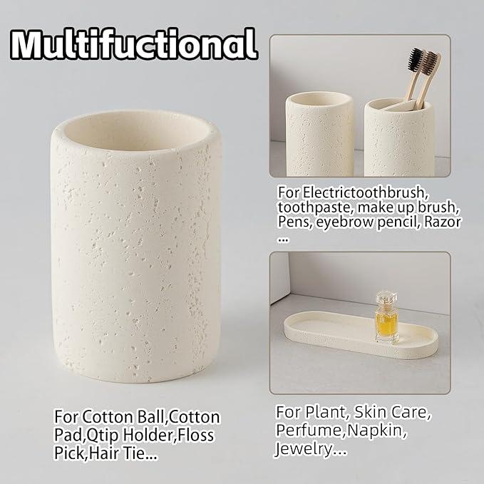WUUAHOME Bathroom Accessories Set, 4 Piece Travertine Stone Look Collection, Modern Bath Organizer with Soap Dispenser, Toothbrush Holder, Tumbler, Vanity Tray for Countertop Kitchen Sink (Off White) - ModernBath