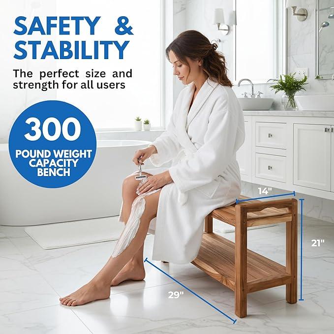 EcoDecors Eleganto 24 Inch Natural Color Waterproof Teak Wood Shower Bench Stool Seat Chair For Inside Shower Provides Safety, Storage, and Organization For Bathroom Accessories - ModernBath