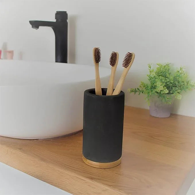 Matani Bamboo Toothbrush Holder Diatomite Tooth Brush Organizer - Storage Stand for Small Bathroom & Counter - Removable Base & Drain Holes, Water-Absorbent & Quick-Drying (Off White & Black) - ModernBath