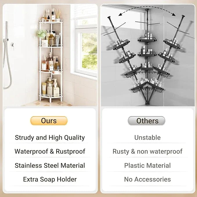 ELYKEN Corner Shower Caddy Standing, 4 Tier Rustproof Metal Shower Organizer with Soap Holder, Floor Shower Corner Shelf Rack Storage Stands with Adjustable Feet & 2 Hooks for Bathroom, White - ModernBath