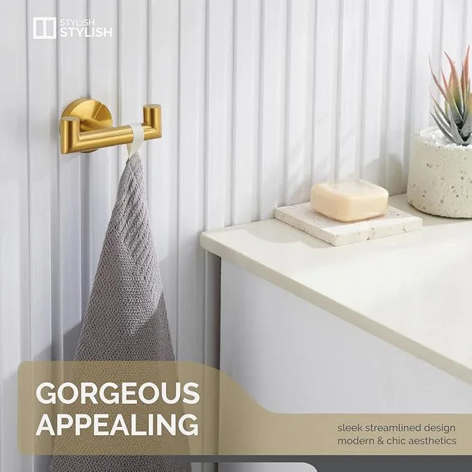Angle Simple Bathroom Double Hook Brassy Gold, SUS304 Stainless Steel Bath Towel Holder, Double Robe Hanger Wall Mount - ModernBath