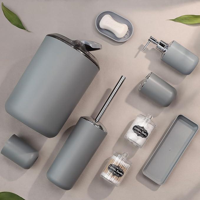 IMAVO Bathroom Accessories Set,Grey Bathroom Set,9 Pieces Bathroom Accessory Set,Tray,Qtip Holders,Toilet Brush,Trash Can for Bathroom Décor and Home Gifts - ModernBath
