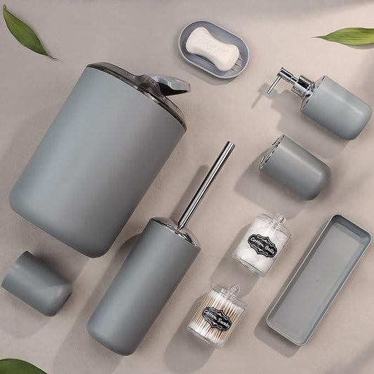 IMAVO Bathroom Accessories Set,Grey Bathroom Set,9 Pieces Bathroom Accessory Set,Tray,Qtip Holders,Toilet Brush,Trash Can for Bathroom Décor and Home Gifts - ModernBath