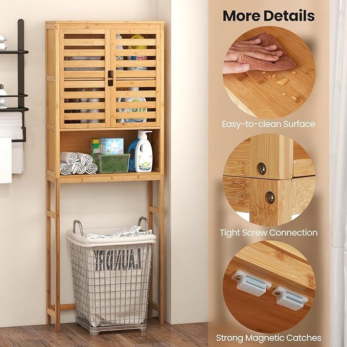 Giantex Over The Toilet Storage Cabinet, 3-Tier Bamboo Bathroom Space Saver with 2 Louver Doors, Open Shelf, Adjustable Bottom Bar, Over Toilet Bathroom Organizer for Laundry, Balcony, Restroom - ModernBath