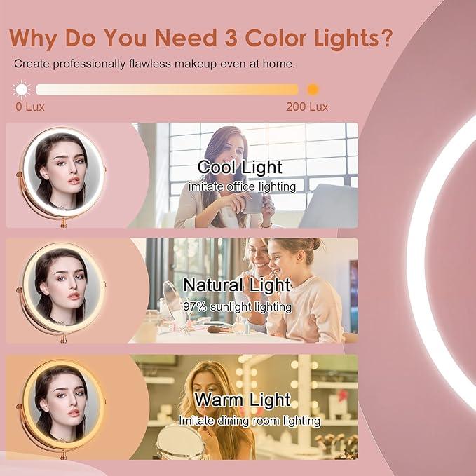 Lighted Makeup Mirror, 3000 mAh Rechargeable Double Sided Magnifying Vanity Mirror with 3 Colors, 1x/10x, 360° Rotation , Brightness Adjustable Magnification Cosmetic Light up Mirror, Women Gift - ModernBath