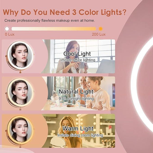 Lighted Makeup Mirror, 3000 mAh Rechargeable Double Sided Magnifying Vanity Mirror with 3 Colors, 1x/10x, 360° Rotation , Brightness Adjustable Magnification Cosmetic Light up Mirror, Women Gift - ModernBath