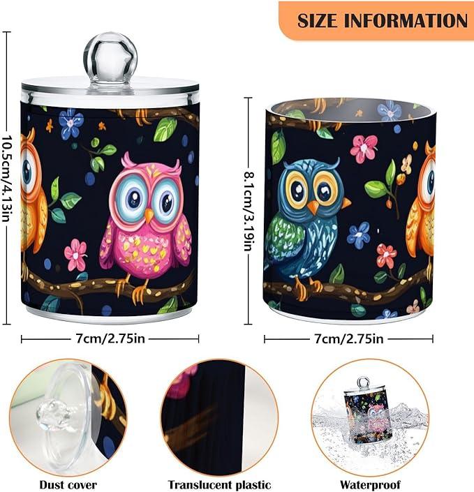 Tatenale Qtip Holder Bathroom Set Q tip Cotton Ball Swab Pad Dispenser Container Organizer Plastic Jars with Lids Storage 2Pack Vibrant Owls Branches Flowers Spring - ModernBath