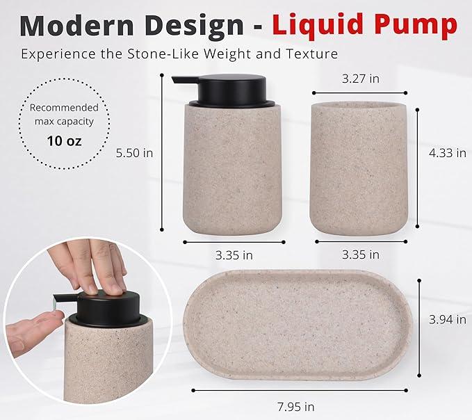 Clasin Home Beige Bathroom Accessories Set, 3 Pcs Resin Bathroom Accessories Complete Set, Sandstone Look Soap Dispenser with Large Pump, Toothbrush Cup, Soap Dish for Modern Home Decor and Kitchen - ModernBath