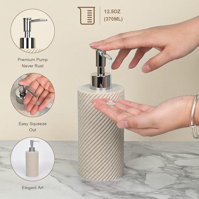 Beige Bathroom Accessories Set 4 Pcs - Toothbrush Holder,Lotion Soap Dispenser,Qtip Holder Dispenser,Vanity Tray for Countertop Vanity Organizer,Bathroom Accessory Set - ModernBath