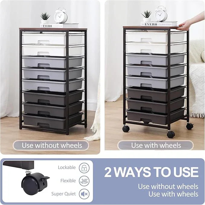 Rolling Cart with Drawers,Utility Cart With 8 Drawers and Wooden Tabletop for Living Room,Classroom,Bedroom,Bathroom,Dorm,Office,Dark Grey - ModernBath