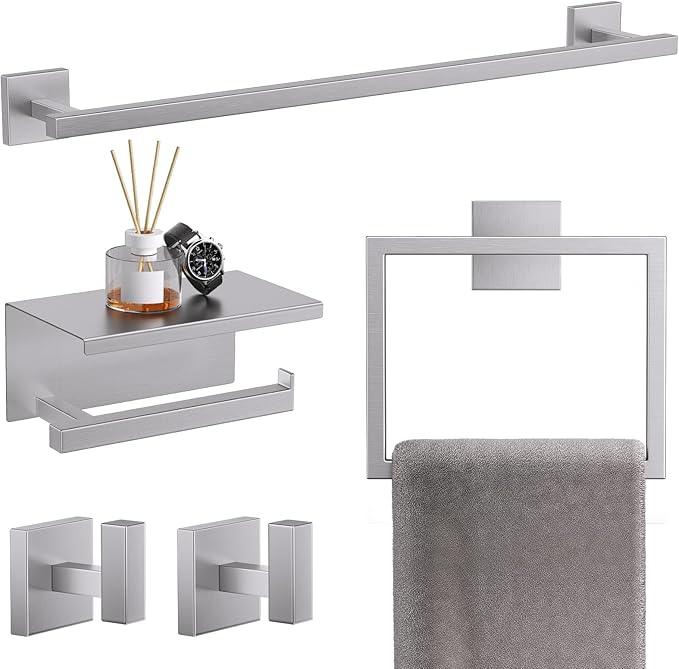 TQKAG 5-Pieces Brushed Nickel Bathroom Hardware Accessories Set 23.6" SUS304 Stainless Steel Towel Bar Set Wall Mounted Square Toilet Paper Holder with Shelf - ModernBath