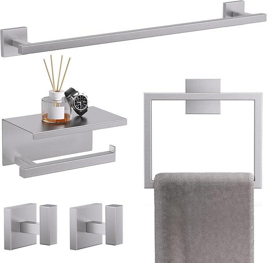TQKAG 5-Pieces Brushed Nickel Bathroom Hardware Accessories Set 23.6" SUS304 Stainless Steel Towel Bar Set Wall Mounted Square Toilet Paper Holder with Shelf - ModernBath