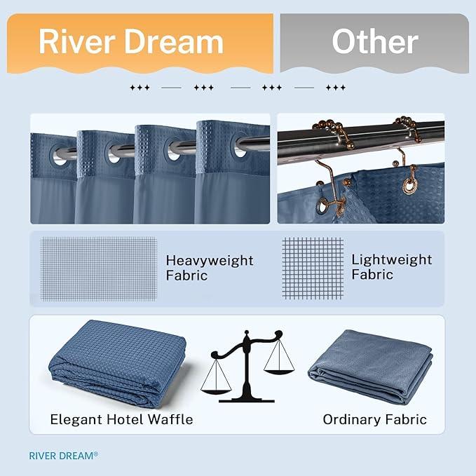 River Dream Blue Shower Curtain No Hooks Required Dotted Waffle Weave Shower Curtain with Snap in Liner - 71W x 74H,Hotel Grade,Spa Like Bath Curtain,Moonlight Blue - ModernBath