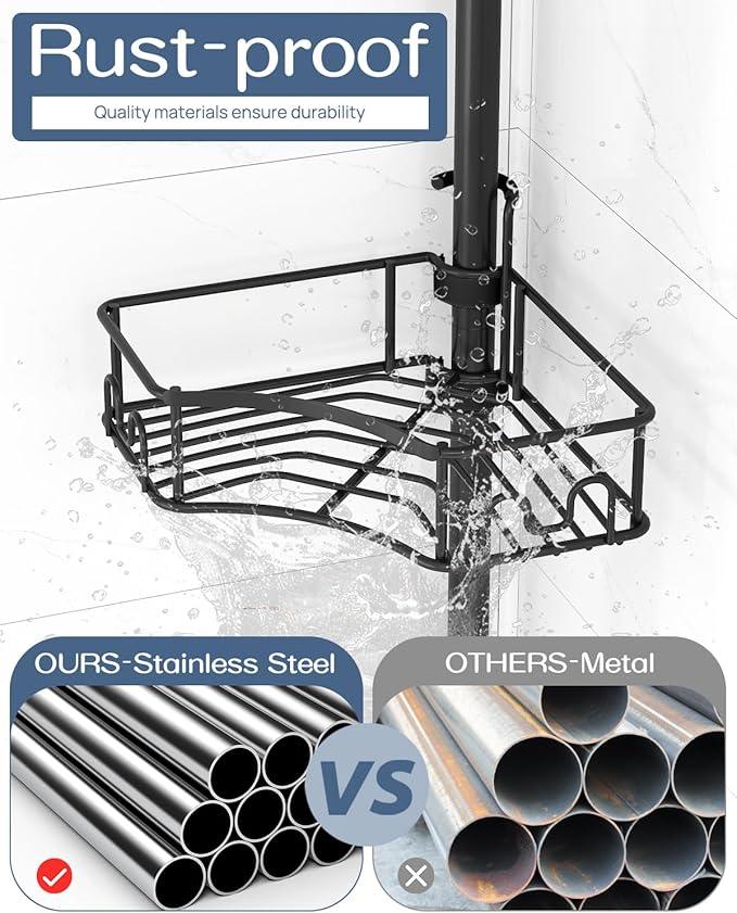 SEIRIONE Corner Shower Caddy Tension Pole, 4-Tier Rust-Free Shower Organizer Corner, Adjustable Shelf for Bathroom Storage, Easy-Install Standing Rack, 34 to 116Inch, Black - ModernBath