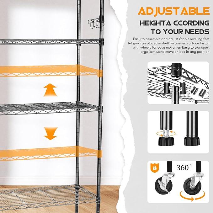 YNN Storage Shelves,1750Lbs 5 Tier Heavy Duty Metal Rolling Shelving Unit with Wheels & 8 Hooks, Adjustable Garage Wire Rack for Kitchen, Bathroom,Industrial,Pantry(36" W x 14" D x 72" H,Black) - ModernBath